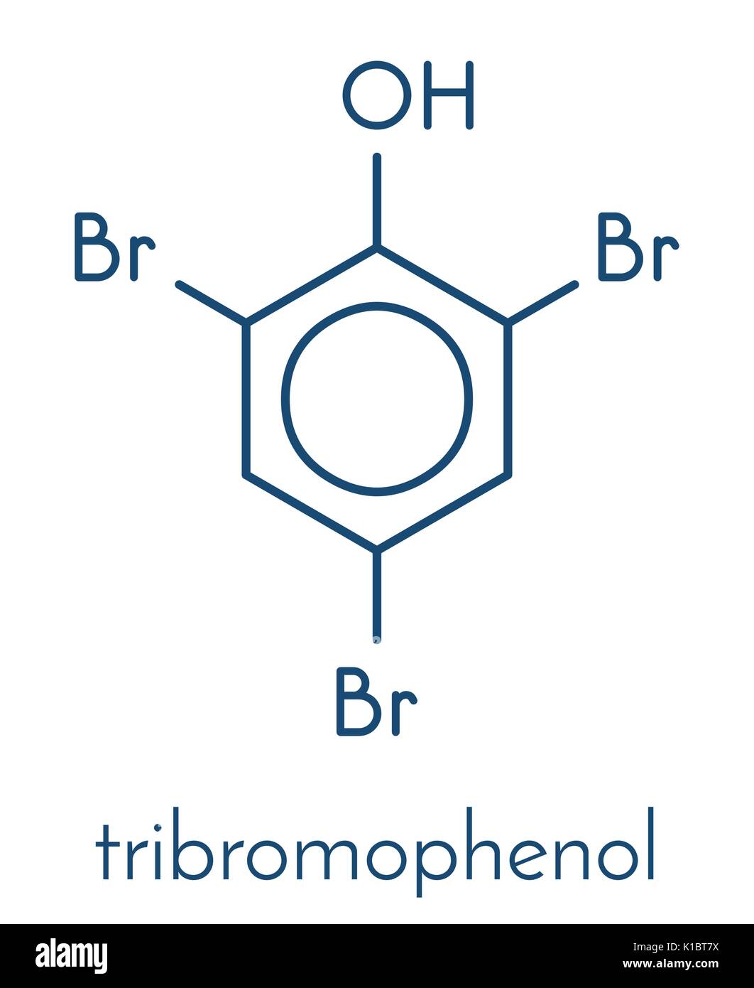 Tribromophenol (TBP, 2,4,6- Tribromophenol) Molekül. Als Fungizid und Holzschutzmittel verwendet; der Skelettmuskulatur Formel. Stock Vektor