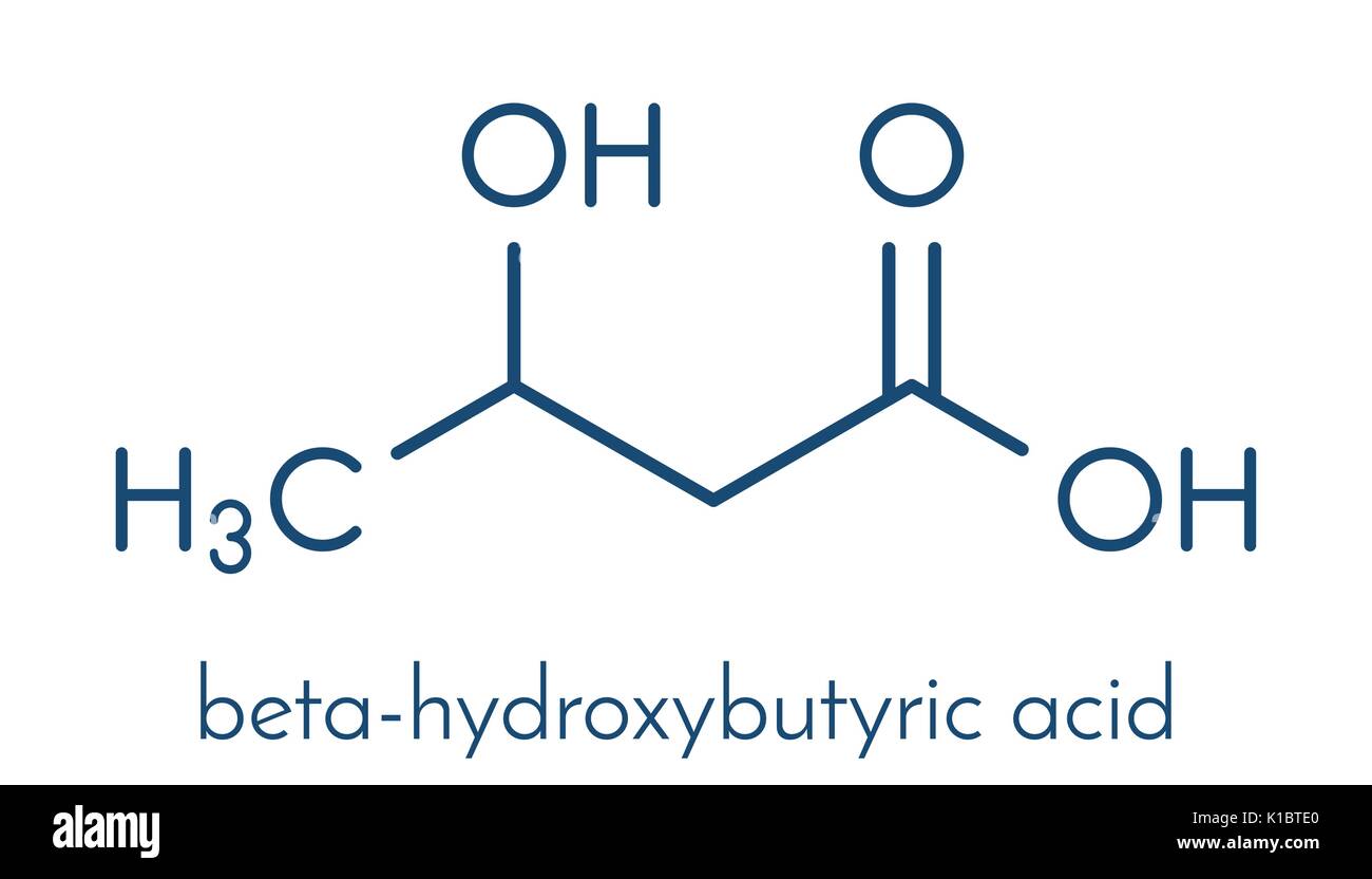 Beta-hydroxybuttersäure (beta-Hydroxybutyrat) Molekül. Skelettmuskulatur Formel. Stock Vektor