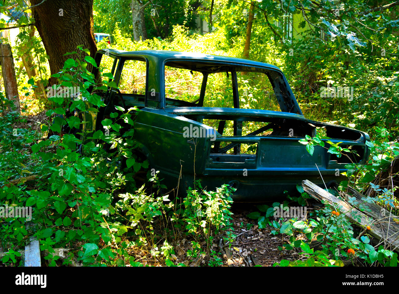 Zerstörte Häuser, in denen die Menschen lebten in einem toten radioaktive Zone. Folgen der Reaktorkatastrophe von Tschernobyl und Vandalismus, August 2017. Stockfoto