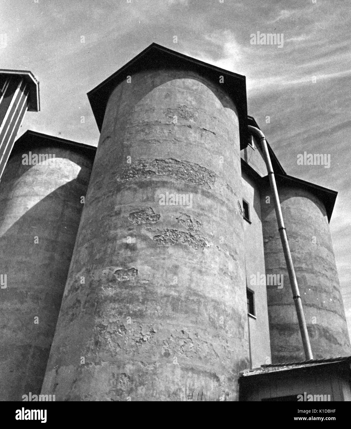 Niedrige Winkelansicht von Getreidesilos, die zum Himmel ragen, teilweise im Schatten, Beltsville, Maryland, 1935. Aus der New York Public Library. Stockfoto