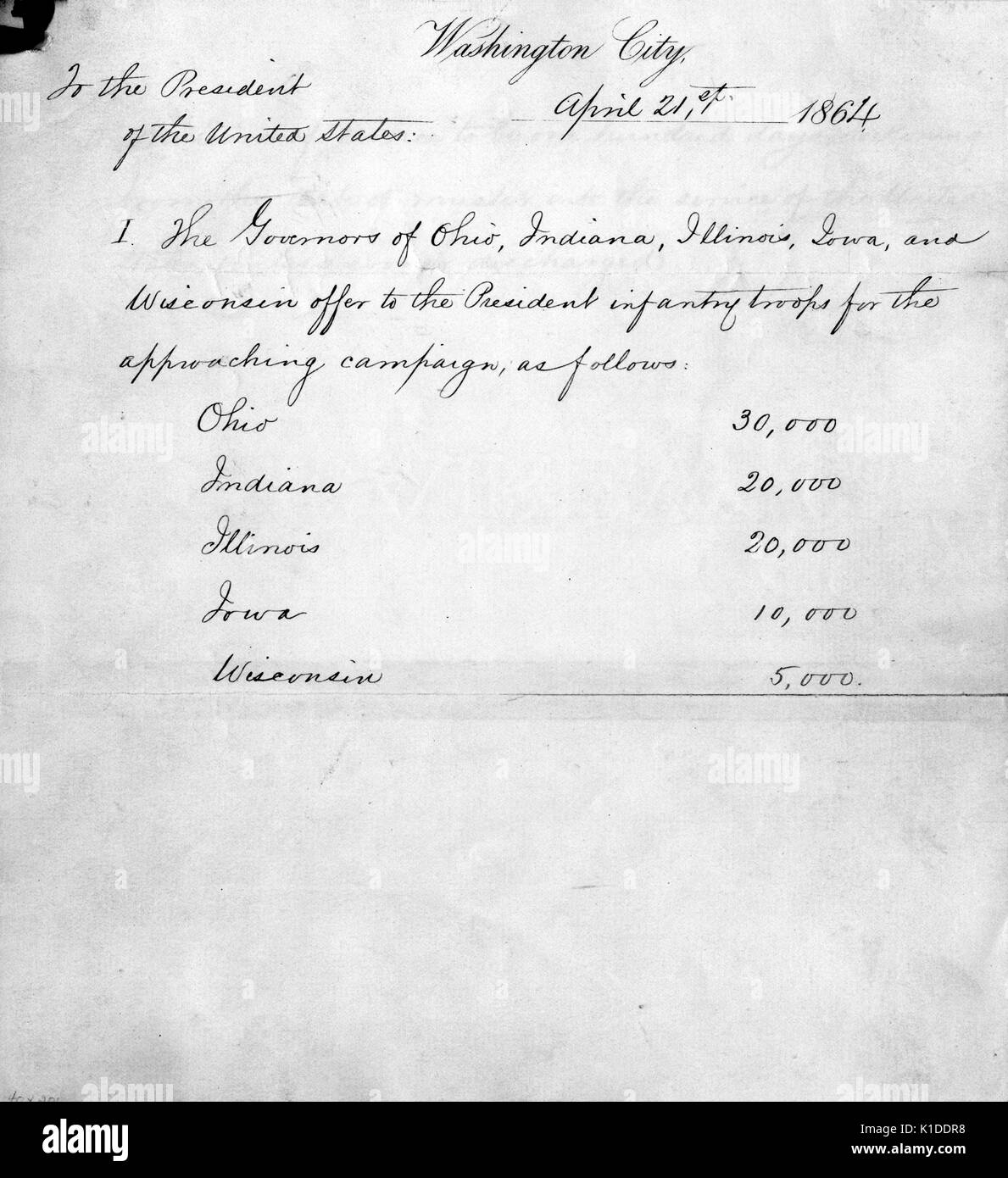 Dokument unterzeichnet durch die Gouverneure von Ohio, Indiana, Iowa und Wisconsin bietet die Regierung 80 000 Truppen, mit Autogramm Akzeptanz von Präsident Lincoln und durch Kriegsminister Stanton, 1853. Von der New York Public Library. Stockfoto