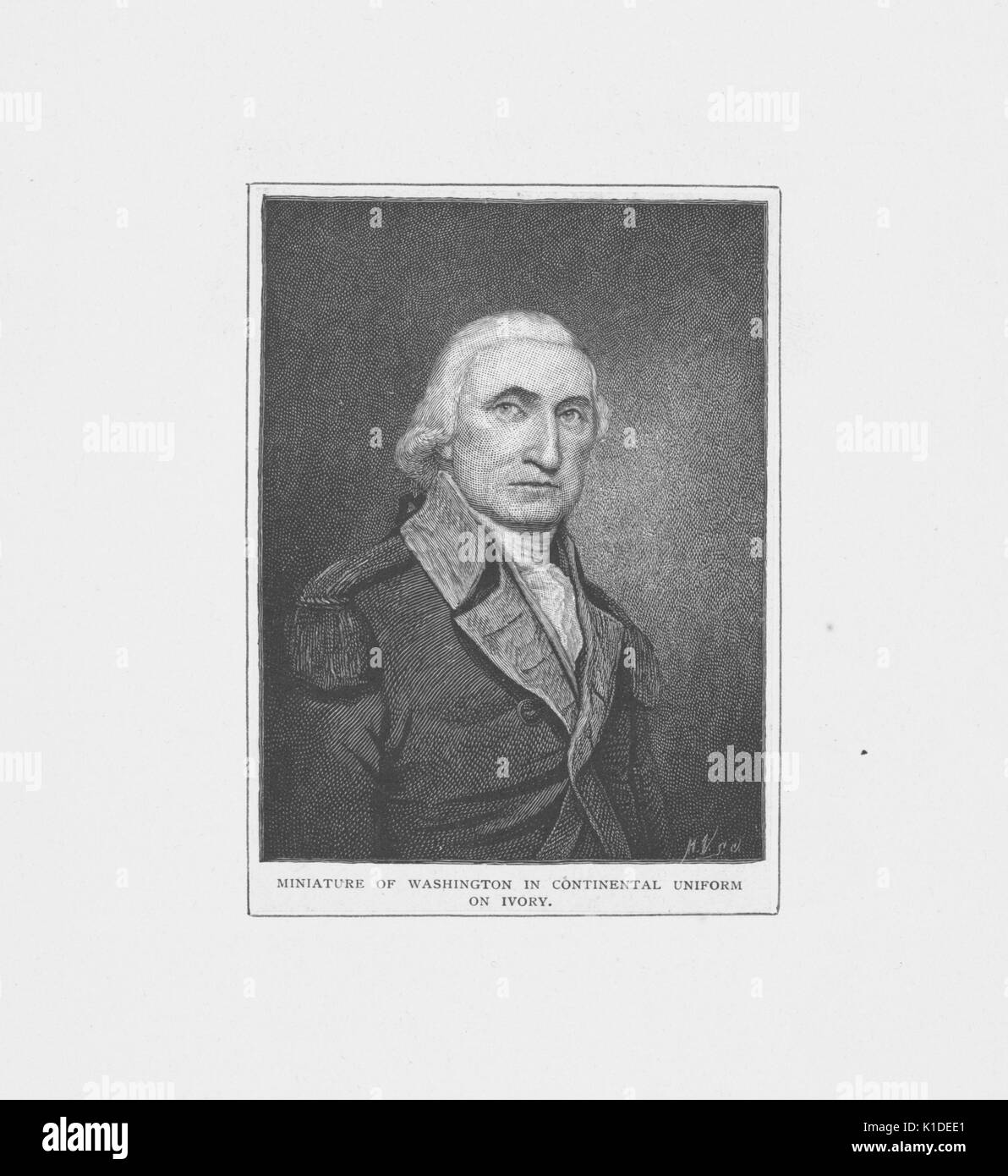 Ein Stich von einer Miniatur Porträt von George Washington in seiner Kontinentalen Armee Uniform, ursprünglich auf Elfenbein, 1900. Von der New York Public Library. Stockfoto