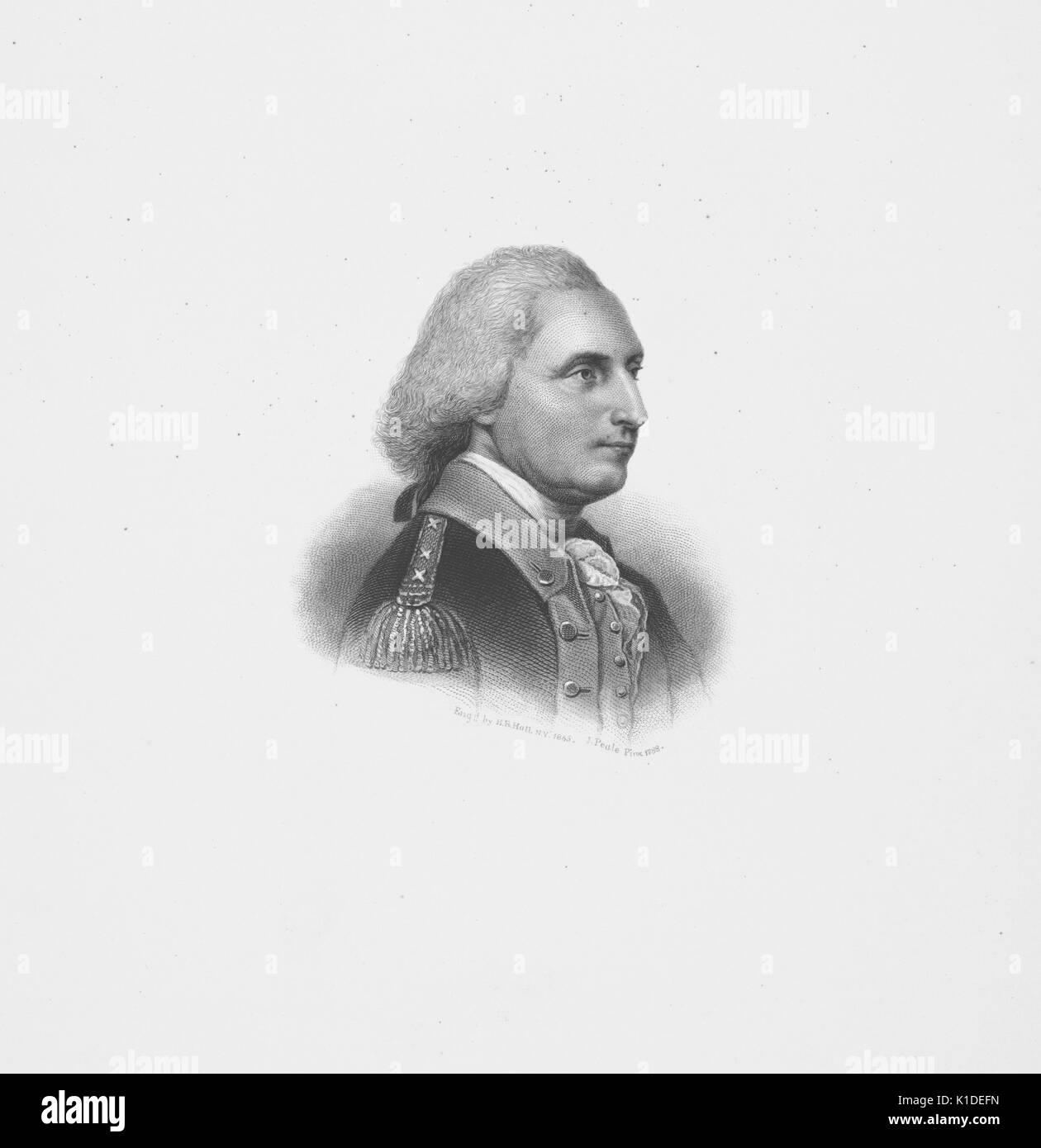 Ein kupferstich von einem Porträt von George Washington, in einem drei-viertel Profil anzeigen dargestellt, das Tragen einer Uniform mit militärischen Abzeichen an seinen Rang des Generals, 1900. Von der New York Public Library. Stockfoto