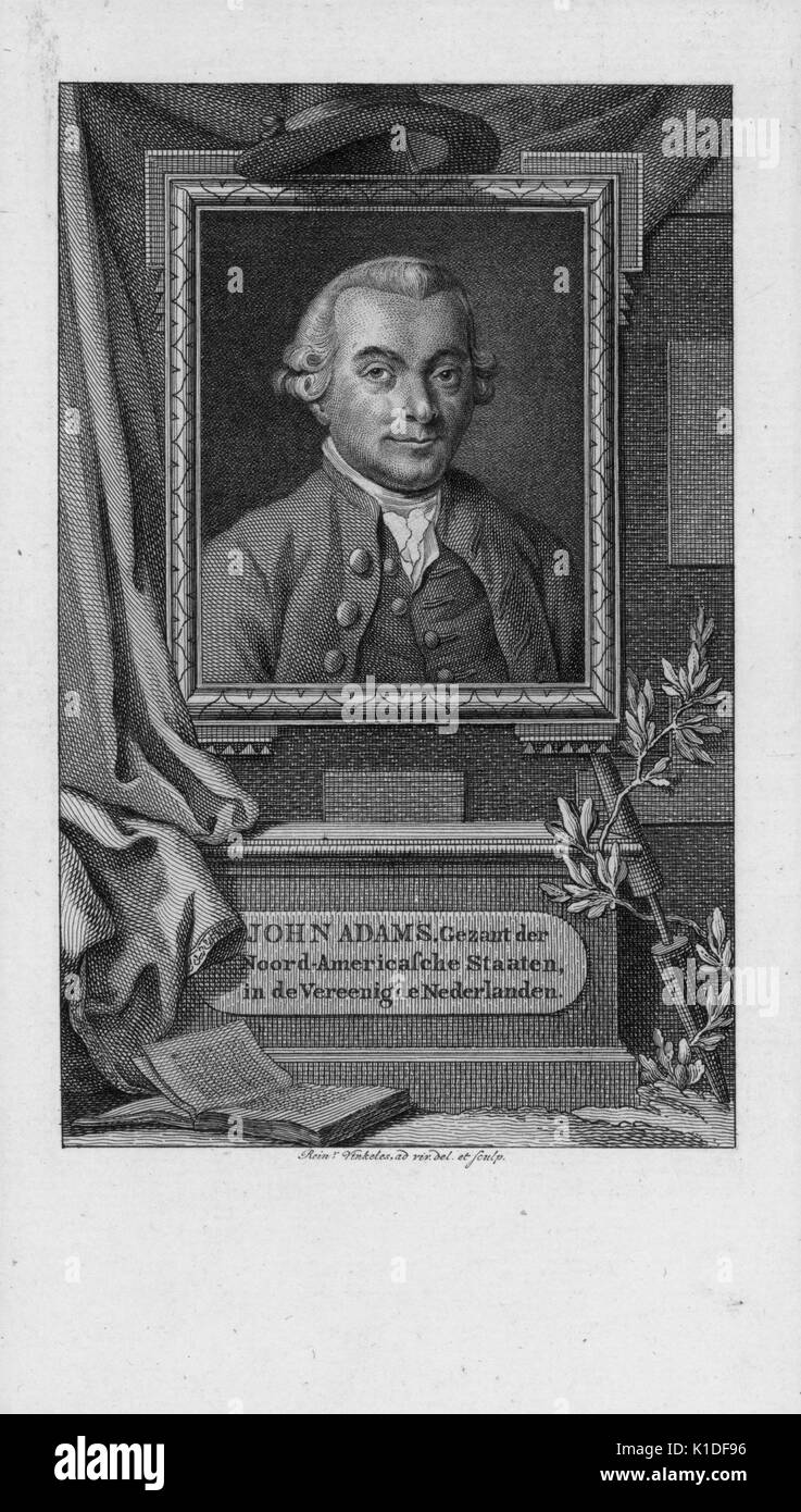 Gravierte Bild eines Portrait von John Adams in der Mitte ein Denkmal zu seinen Ehren, mit Blumen geschmückt, ein Buch und einen Hut über dem Porträt, Text in Niederländisch, 1881 geschrieben. Von der New York Public Library. Stockfoto