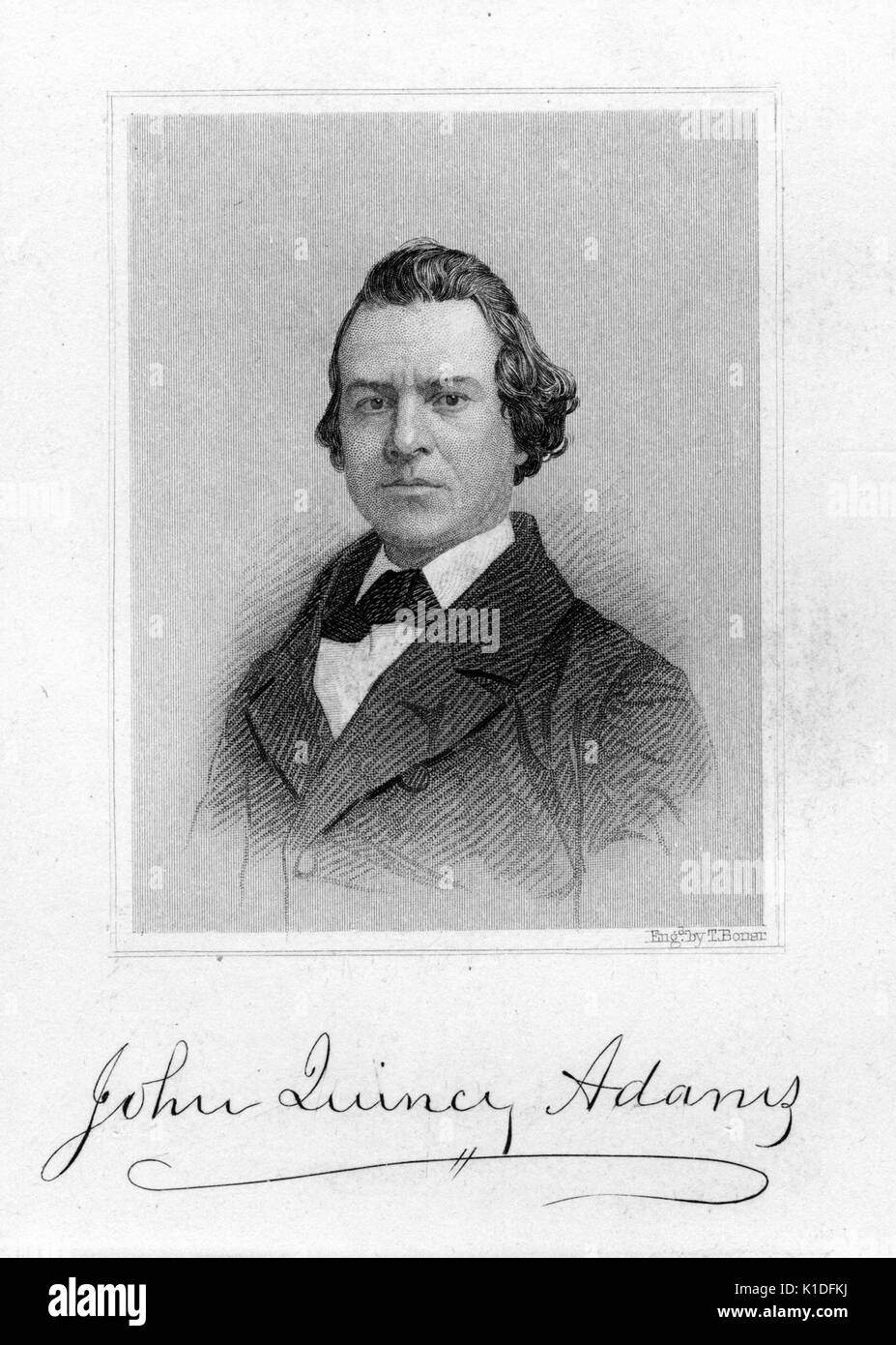 Ein kupferstich von einem Portrait von John Quincy Adams, eine Kopie seiner Unterschrift, 1830. Von der New York Public Library. Stockfoto