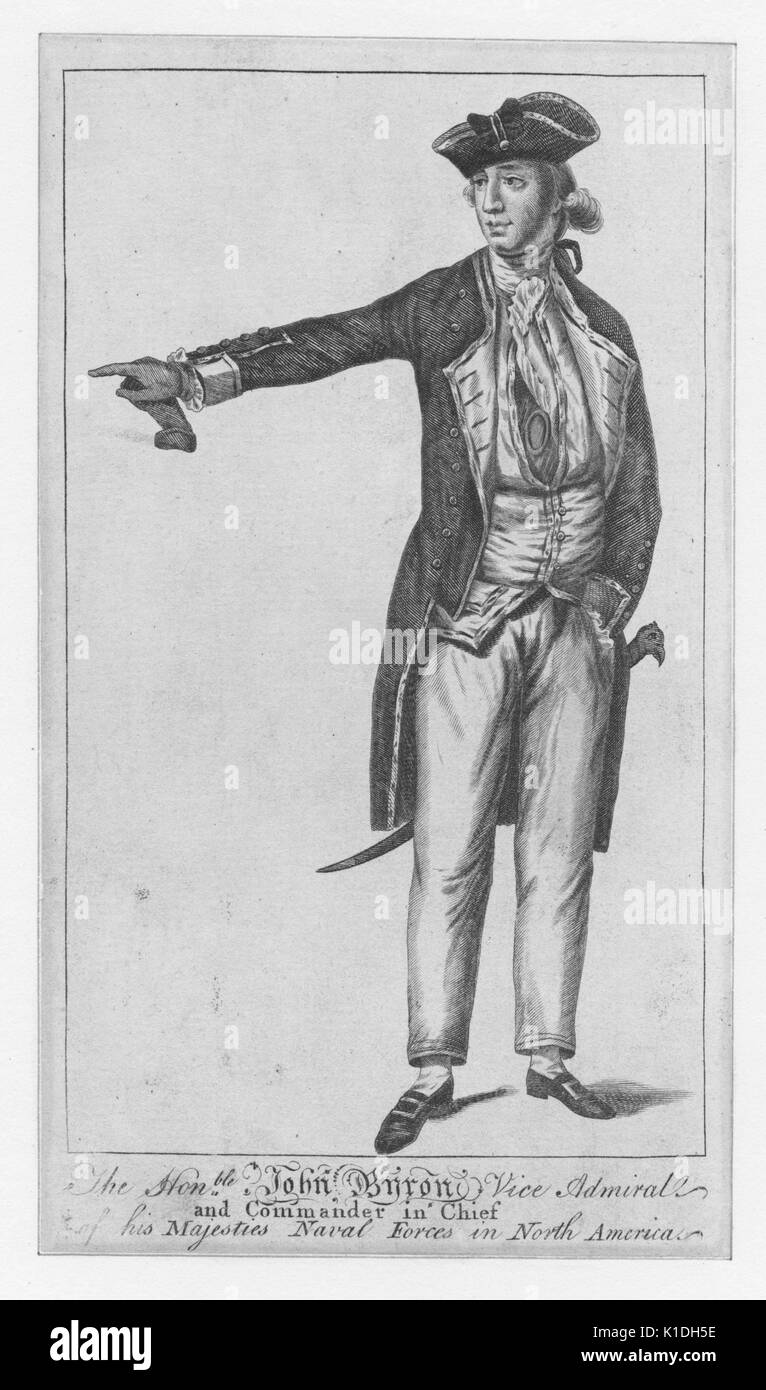 Der Herr Abgeordnete John Byron, Vice Admiral und Oberbefehlshaber der britischen Seestreitkräfte in Nordamerika, 1750. Von der New York Public Library. Stockfoto