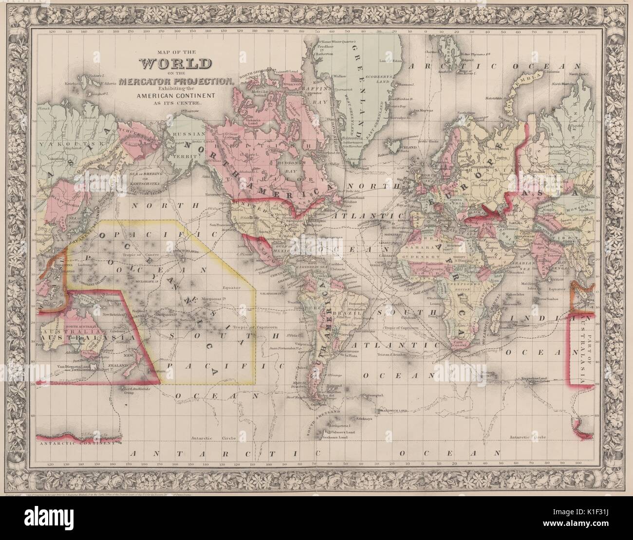Karte der Welt auf der Mercator-Projektion, dem amerikanischen Kontinent als Mittelpunkt, 1900. Von der New York Public Library. Stockfoto
