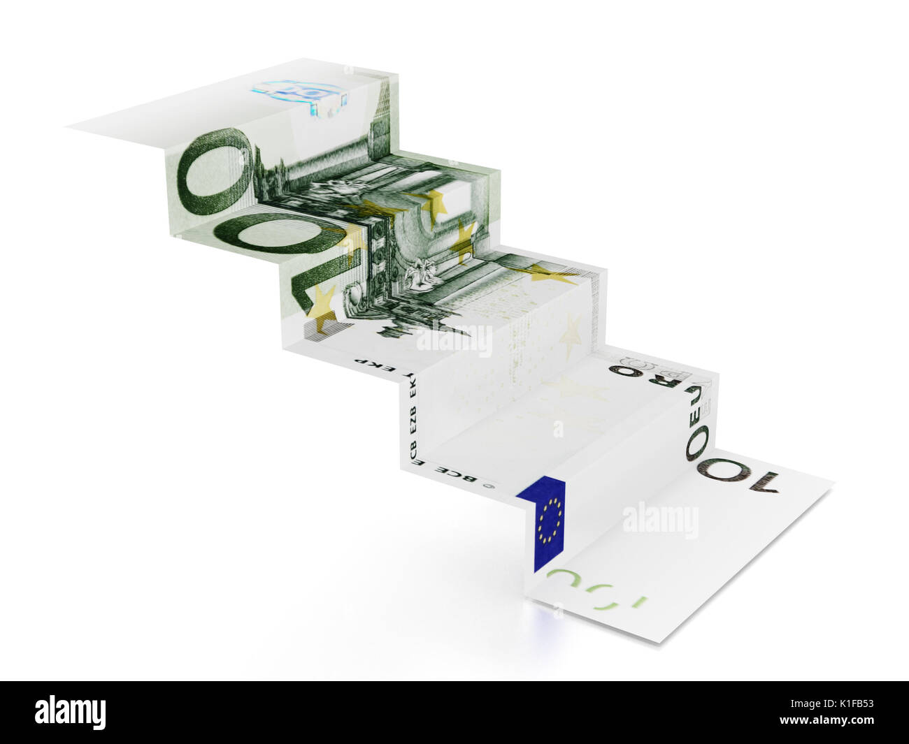 100 euro Treppe auf weißem Hintergrund. 3D-Darstellung. Stockfoto