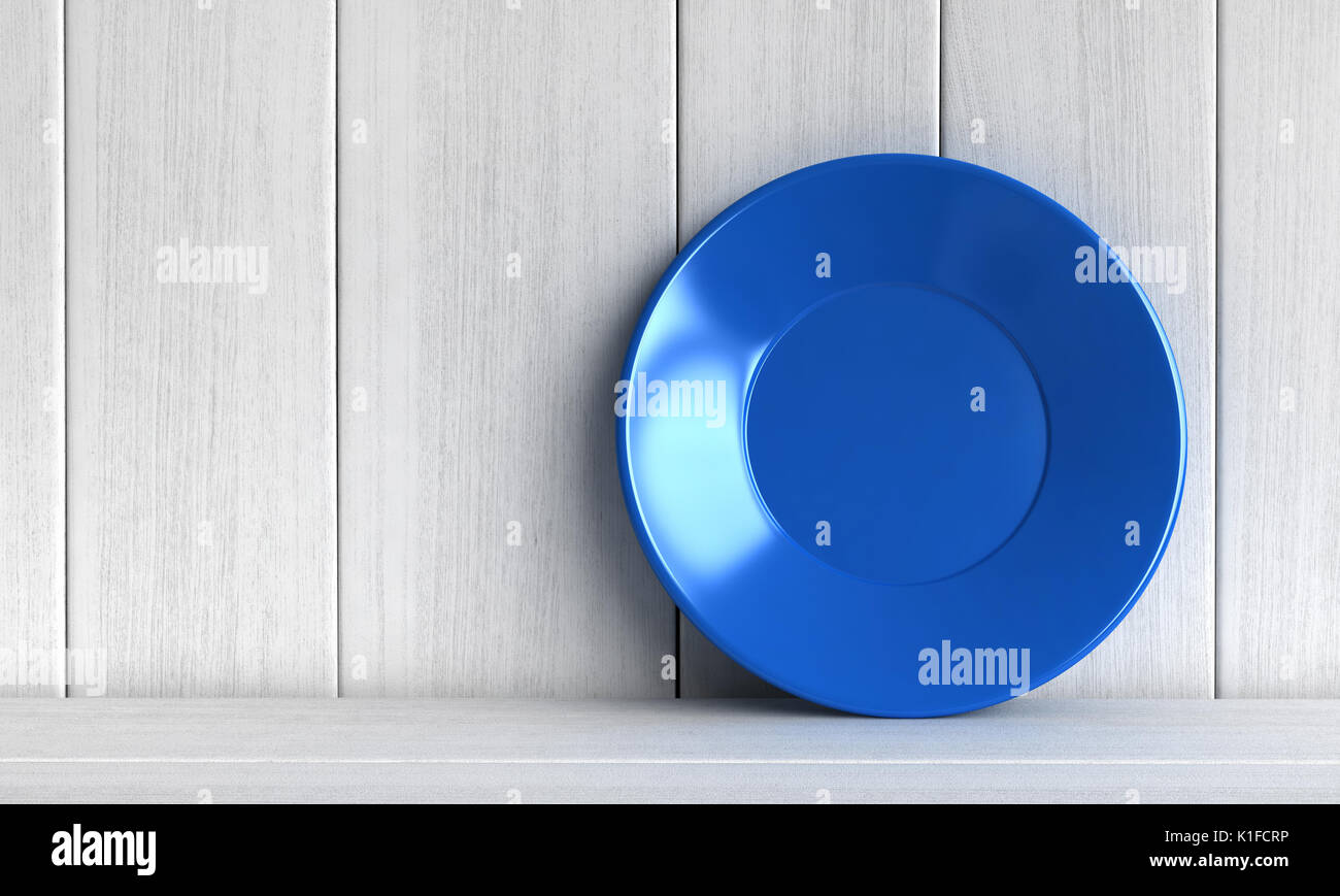 3D-Render der blauen Platte auf weißem Holz- Hintergrund Stockfoto