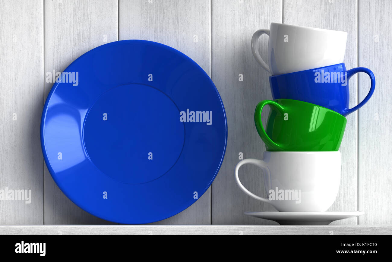 3D-Render von Kaffee Tassen und Teller auf weißem Holz- Hintergrund Stockfoto