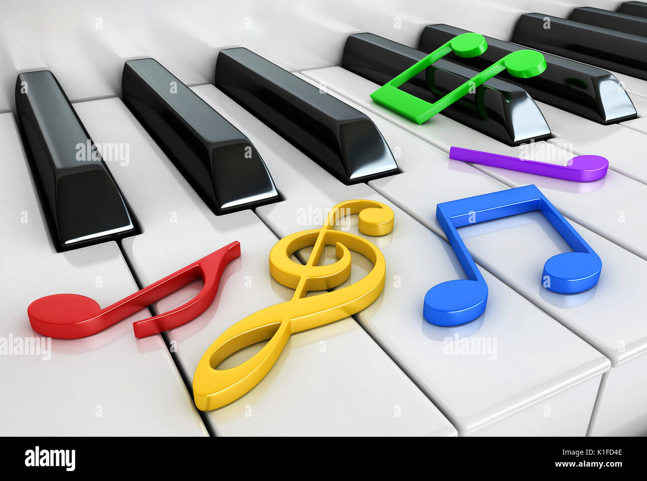 3D-Render von Piano keys und Notizen Stockfoto