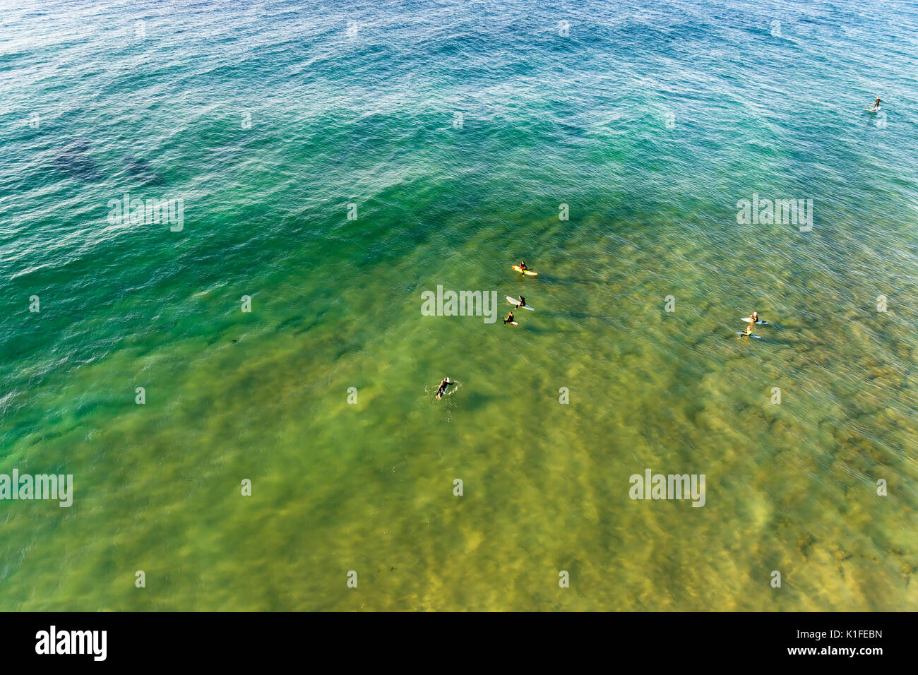 Luftaufnahme der Surfer auf Boards schwebend und warte auf eine Welle aus Australien Pazifik Küste. Stockfoto