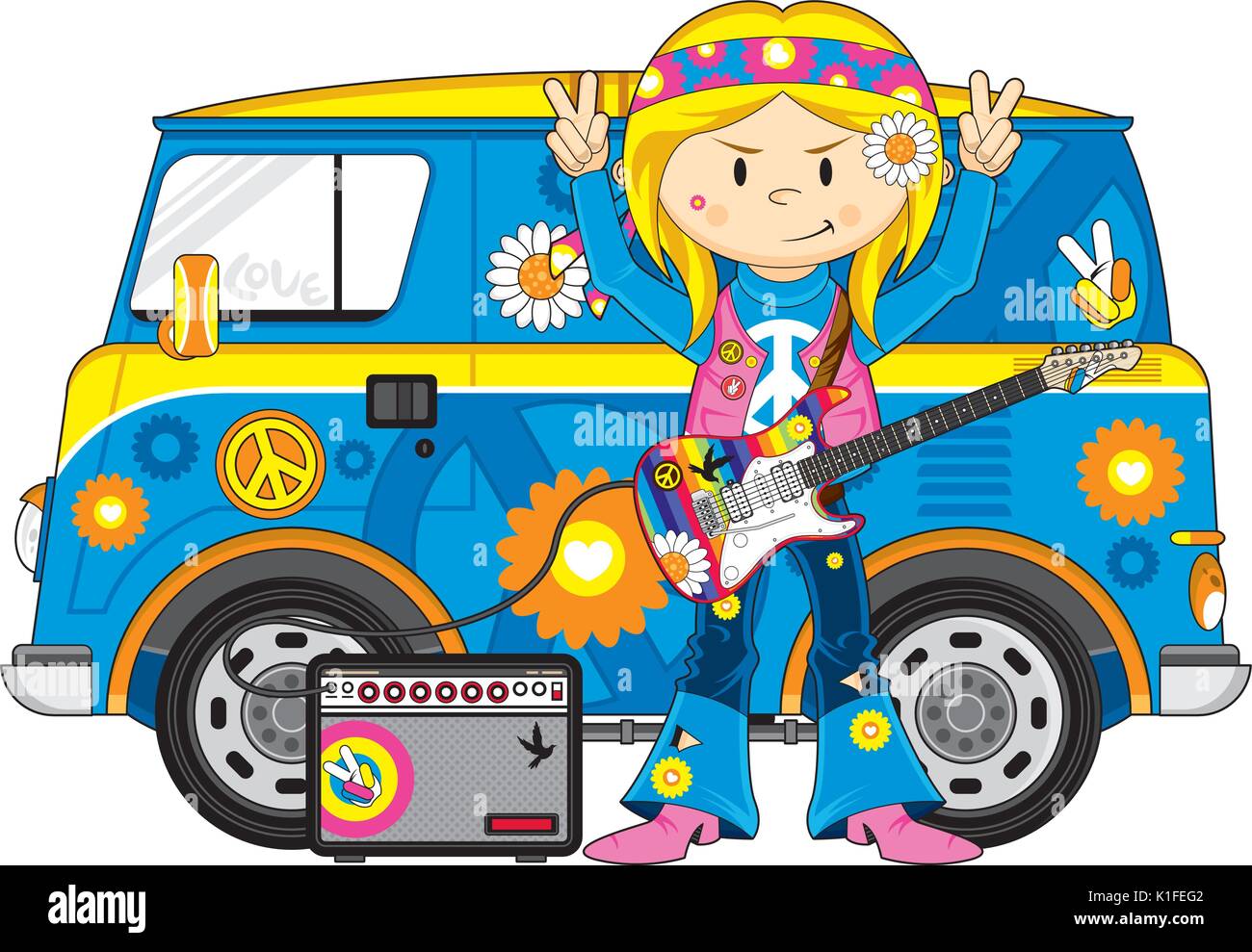 Cartoon Flower Power Hippie Gitarrist und Van Vector Illustration Stock Vektor