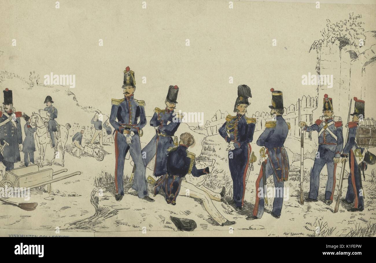 Radierung zeigt eine Gruppe von französischen Soldaten mit dem Titel Corps de Sapeurs Genie et Mineurs, Genius und Leichte Artillerie Korps, Zweig zu Verteidigung und militärische engineering Strategien, 1832 eingeweiht. Von der New York Public Library. Stockfoto