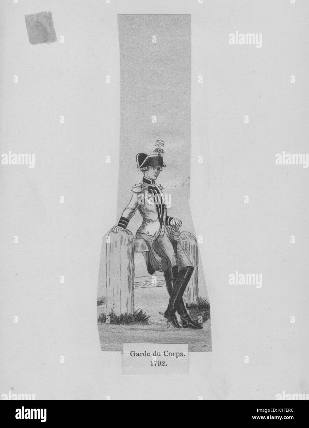 Farbe Ätzen von einem französischen Soldaten ruhen gegen einen Zaun betitelt, Garde du Corps, eine militärische Einheit gebildet von Wachpersonal, 1792. Von der New York Public Library. Stockfoto