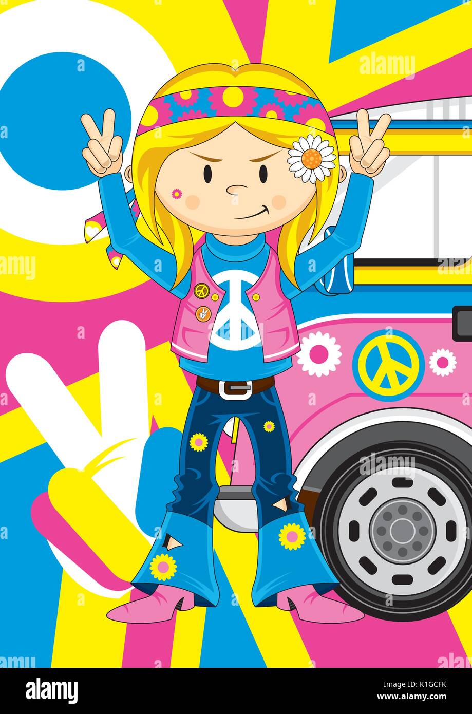 Cute Cartoon Flower Power Hippie mit Van Vector Illustration Stock Vektor