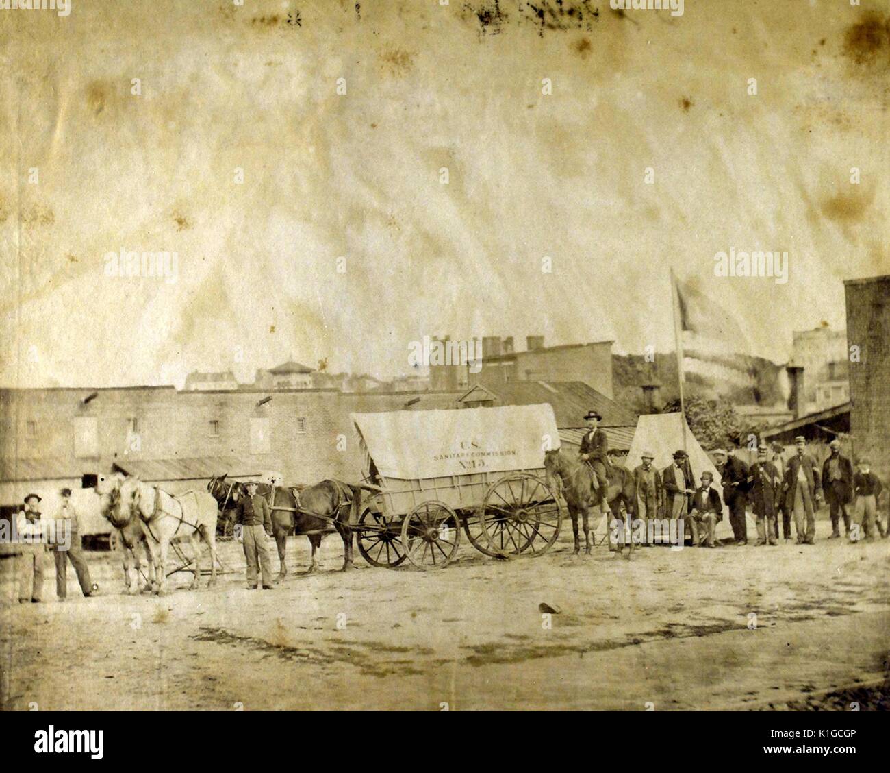 Feld Relief Corps der Vereinigten Staaten Sanitär Kommission, Supply Wagon und Zelt eines Corps Relief agent, 1865. Von der New York Public Library. Stockfoto