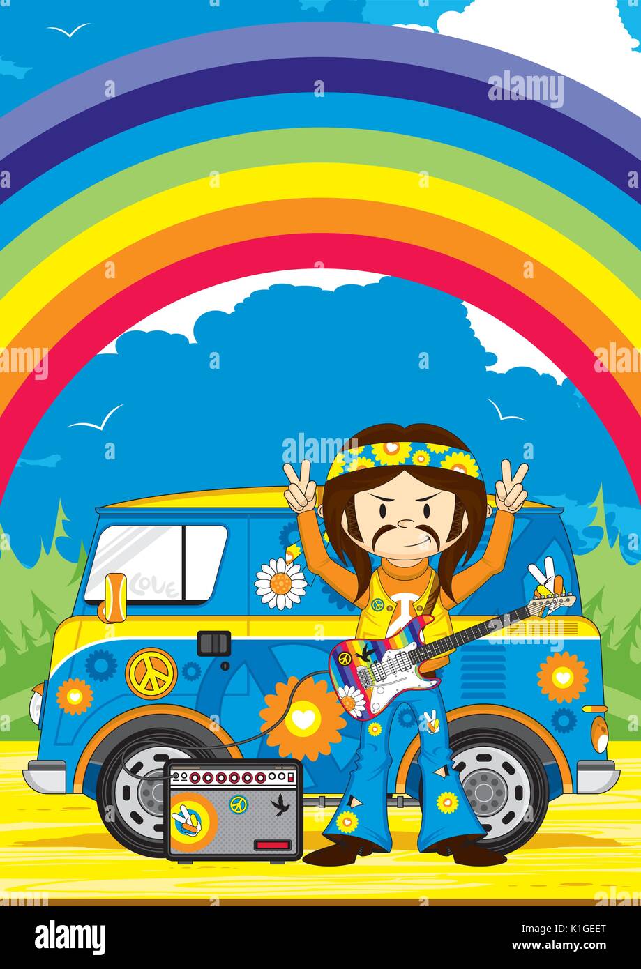 Cute Cartoon Flower Power Hippie Gitarrist Vector Illustration Stock Vektor
