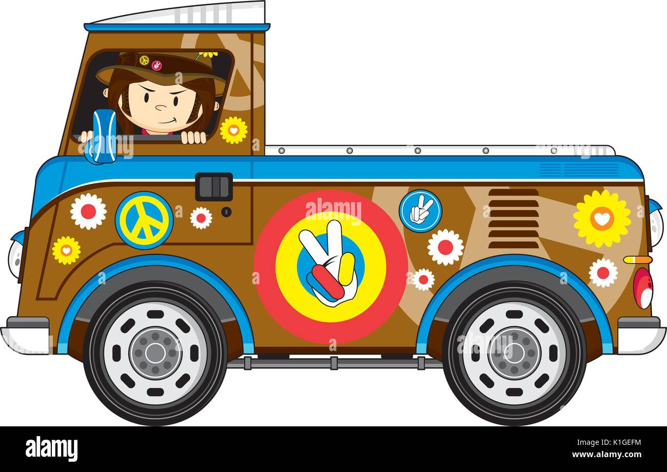 Cartoon Flower Power Hippie mit coolen Van Vector Illustration Stock Vektor