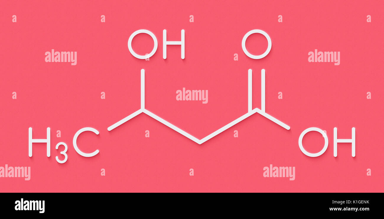 Beta-hydroxybuttersäure (beta-Hydroxybutyrat) Molekül. Skelettmuskulatur Formel. Stockfoto