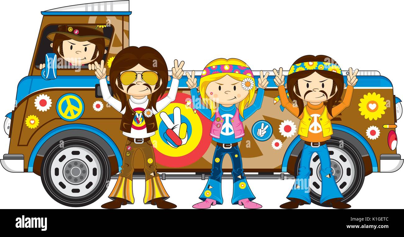 Cartoon Flower Power Hippies mit coolen Van Vector Illustration Stock Vektor