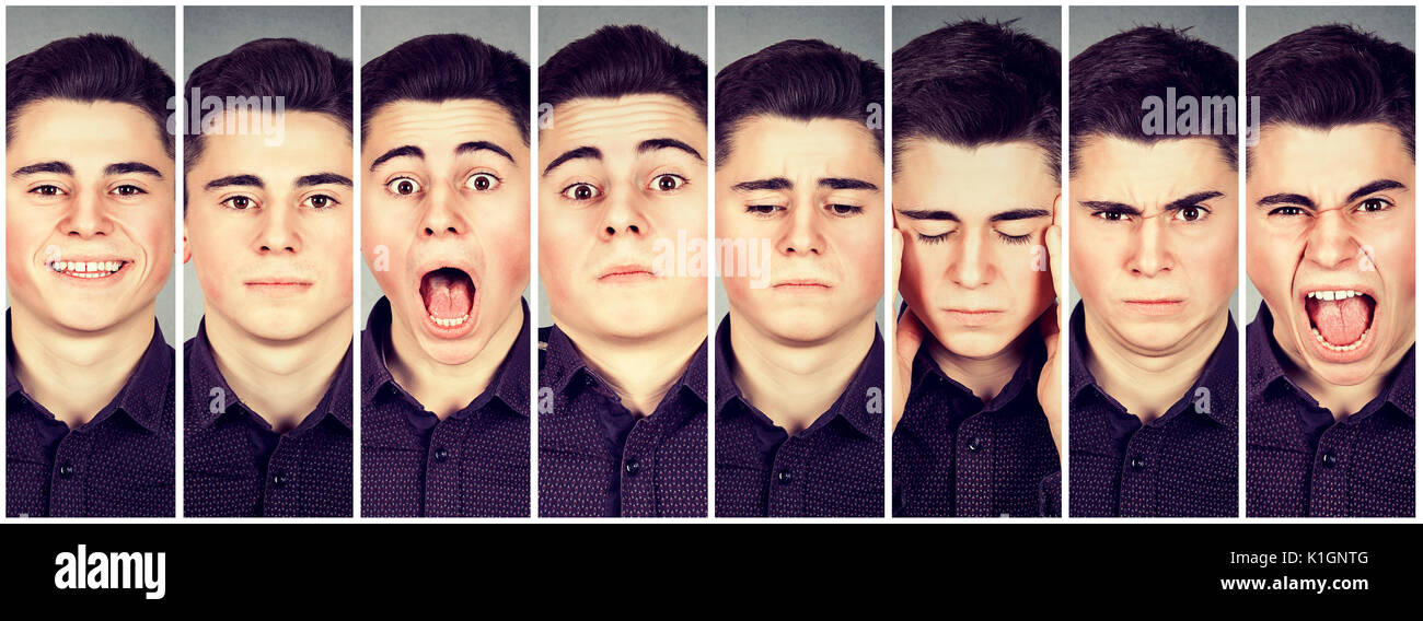 Collage eines jungen Mannes zum Ausdruck bringen verschiedene Emotionen Stockfoto