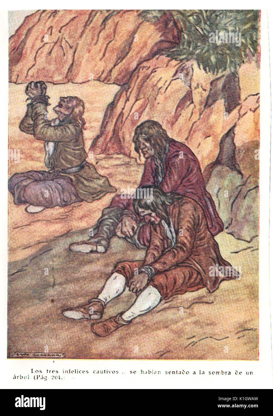 Eine Seite von der Spanischen Version von Robinson Crusoe (1925) "aventuras de Robinson' (Daniel Defoe) angepasst durch Gaziel. (Augusti Calvet Pascual)-la (Abbildungen in Farbe von Serra Masana. Stockfoto