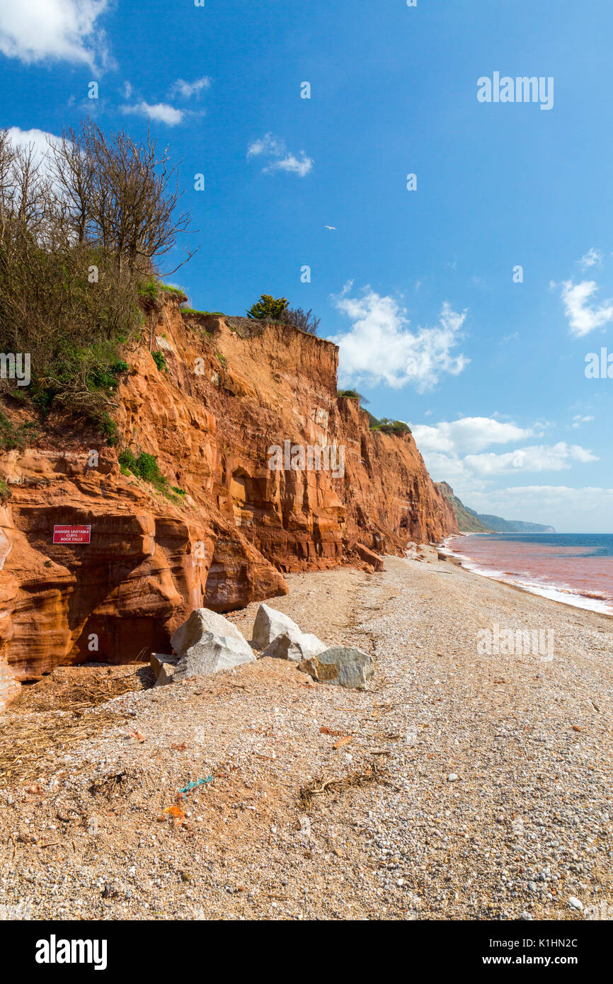 Sidmouth ist ein beliebter viktorianischen Badeort an der Jurassic Coast von aufragenden flankiert, aber instabil, roten Sandsteinfelsen, Devon, England, Großbritannien Stockfoto
