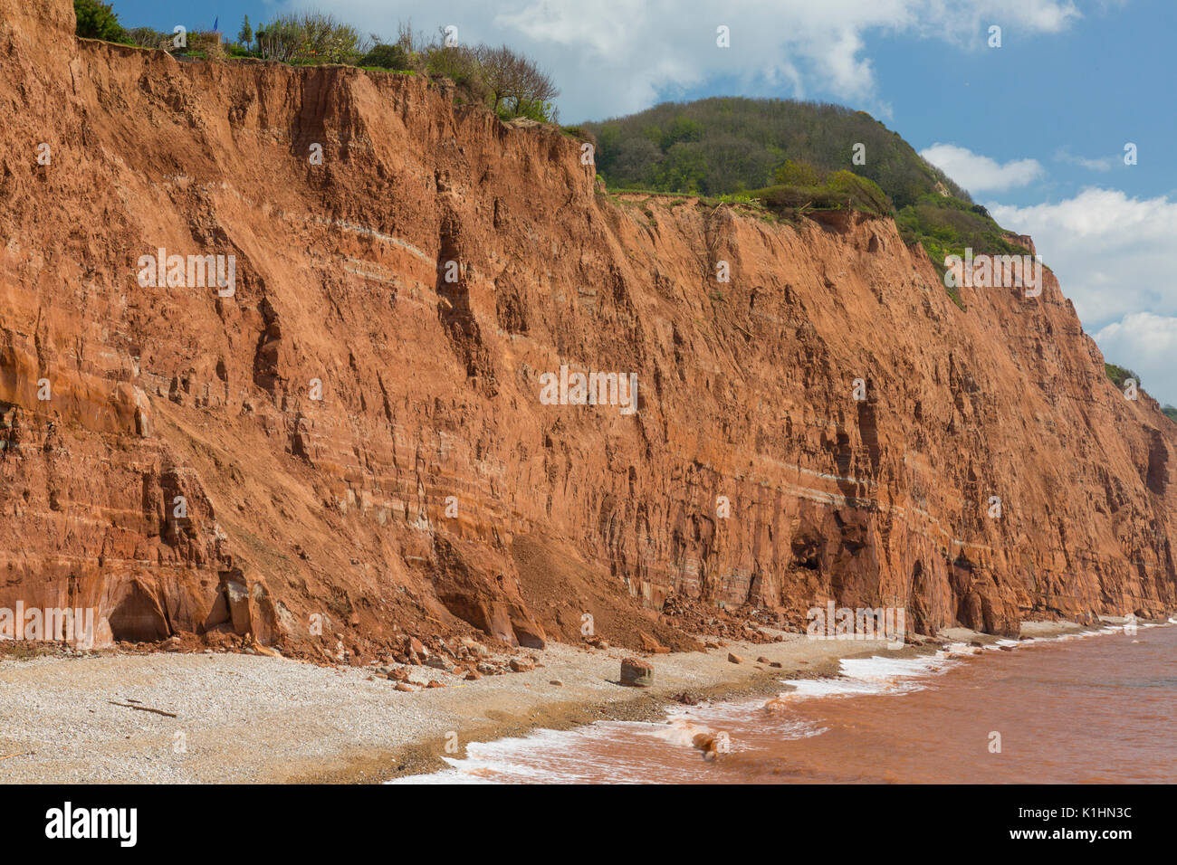 Sidmouth ist ein beliebter viktorianischen Badeort an der Jurassic Coast von aufragenden flankiert, aber instabil, roten Sandsteinfelsen, Devon, England, Großbritannien Stockfoto