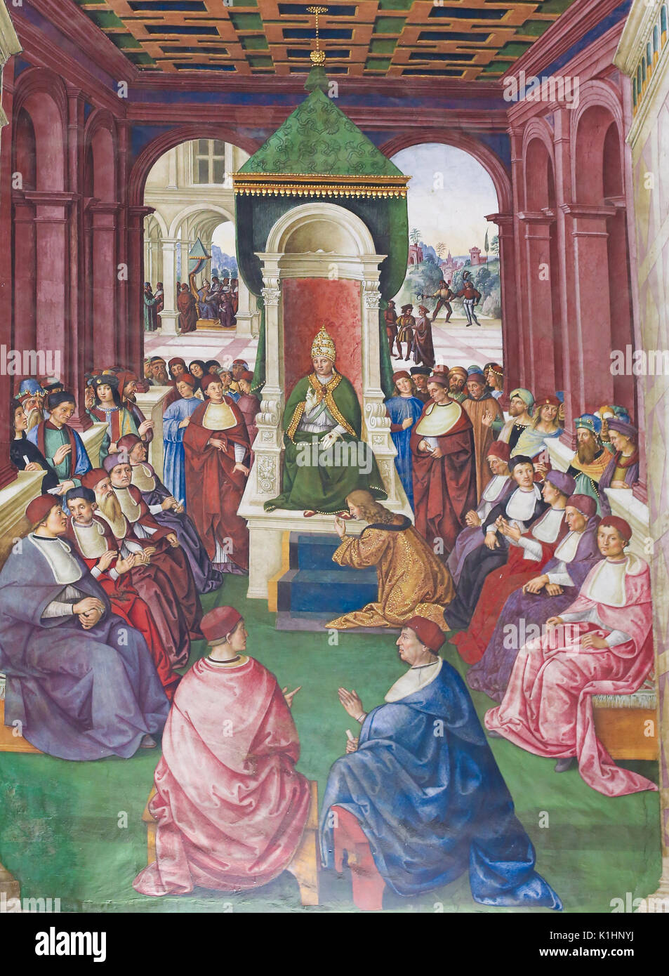 Fresken (1502) in Piccolomini Bibliothek in der Kathedrale von Siena, Toskana, Italien, von Pinturicchio, Enea Silvio Piccolomini, ein Akt der submissi Stockfoto