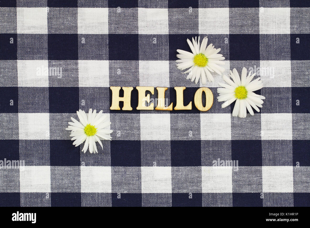 Hallo mit Holz Buchstaben auf kariertem Tuch mit daisy flowers geschrieben Stockfoto