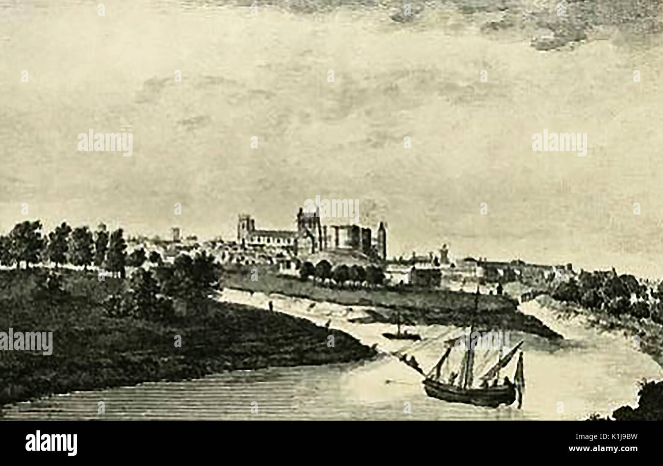 Die Stadtmauern von York, England, aus dem Zusammenfluss der Flüsse Ouse und Foss, um 1700 oder früher, zeigt das Münster und Clifford's Tower Stockfoto