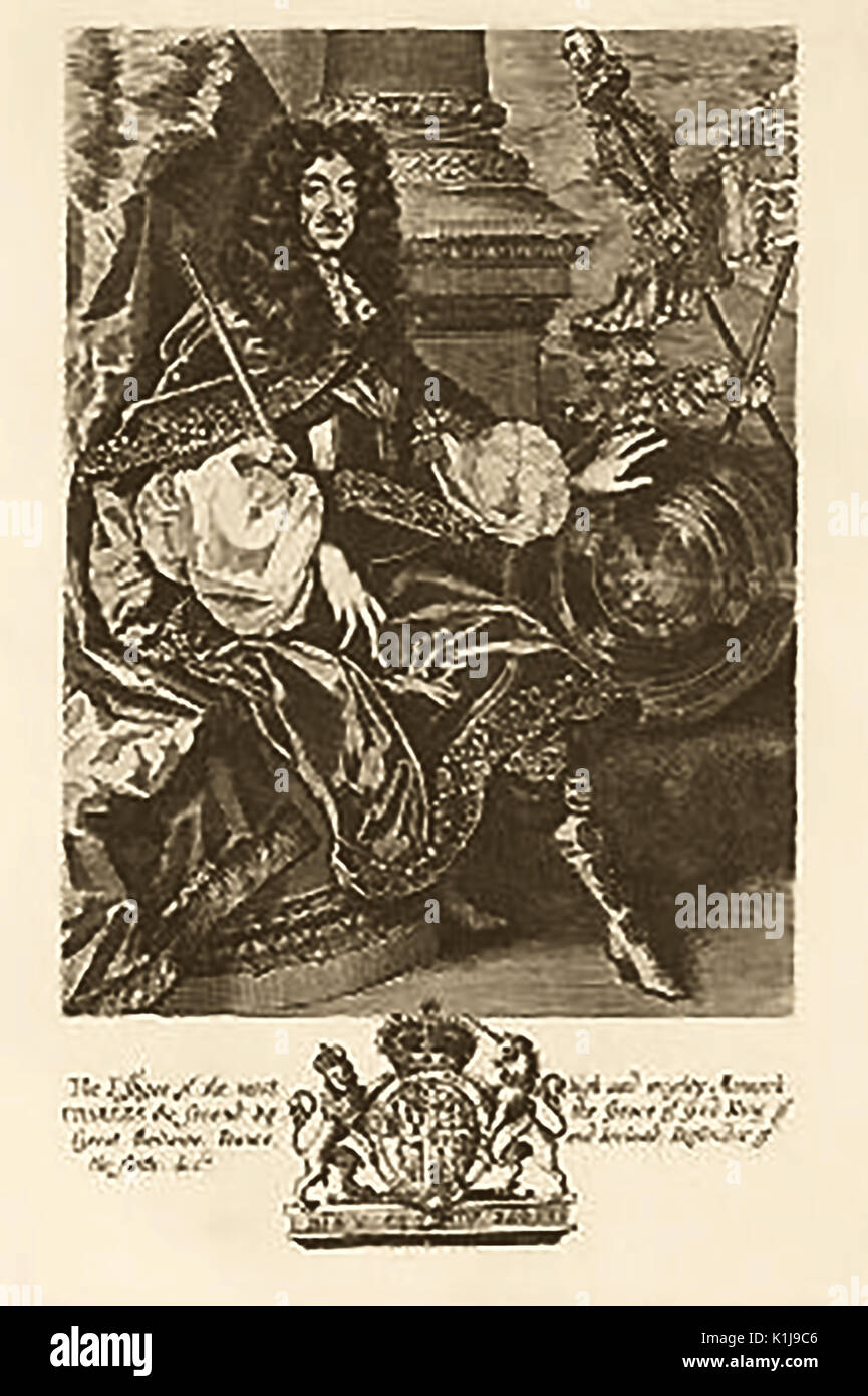 Ein Porträt von König Charles II. von England mit Royal Crest Stockfoto