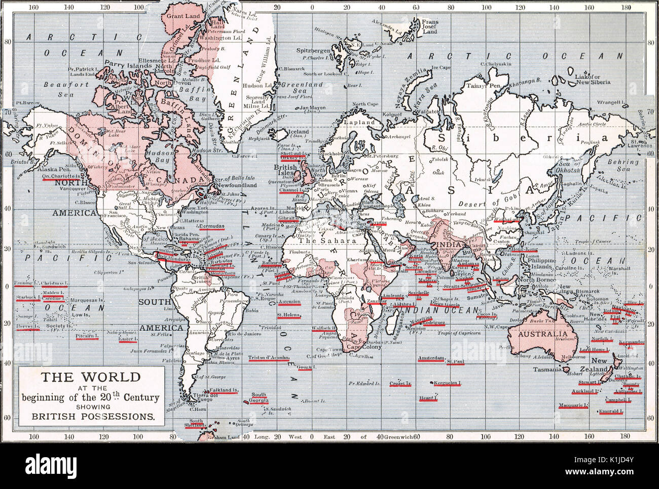 Weltkarte mit britischen Besitzungen zu Beginn des 20. Jahrhunderts Stockfoto