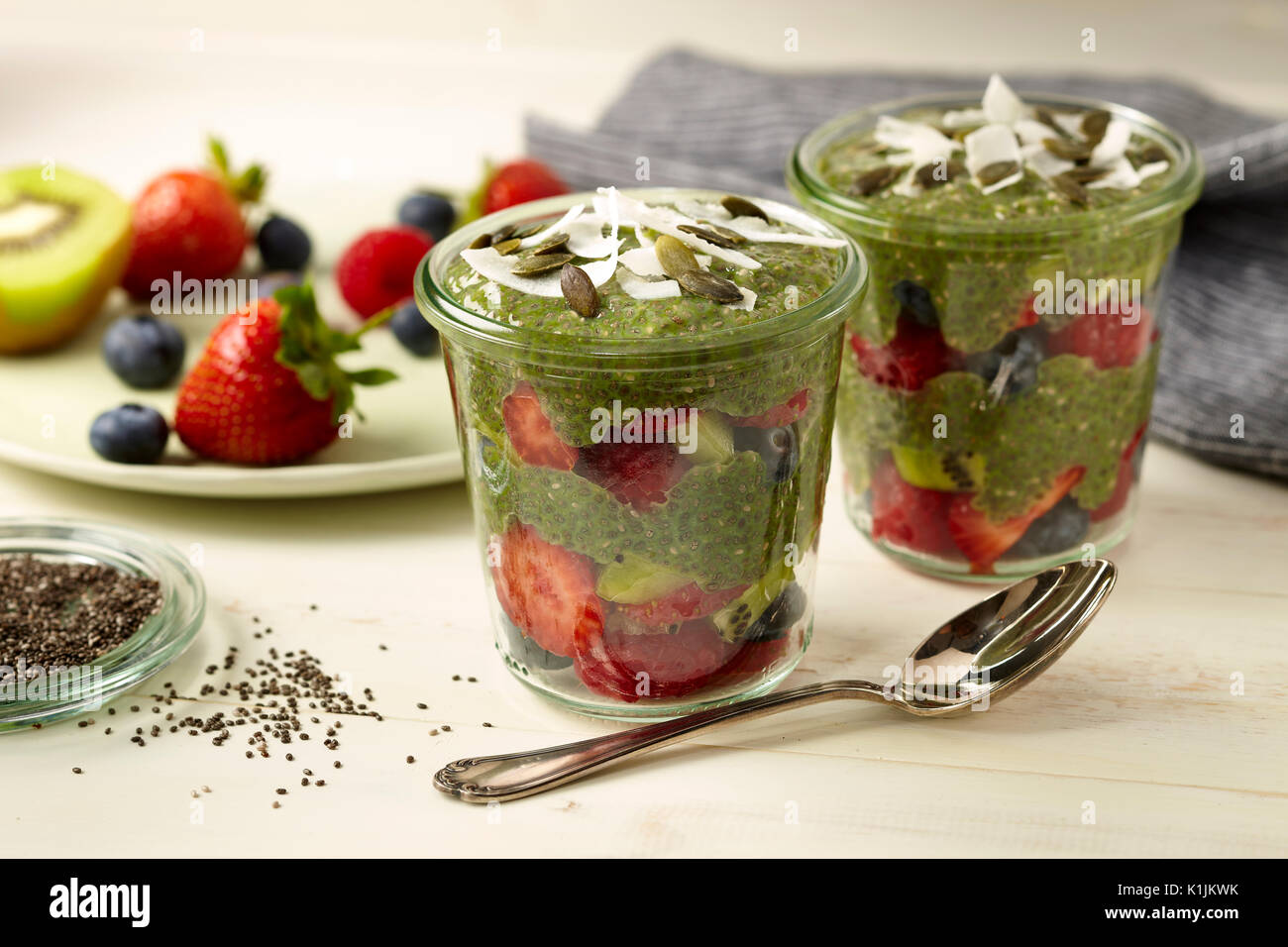 Matcha chia Pudding Stockfoto