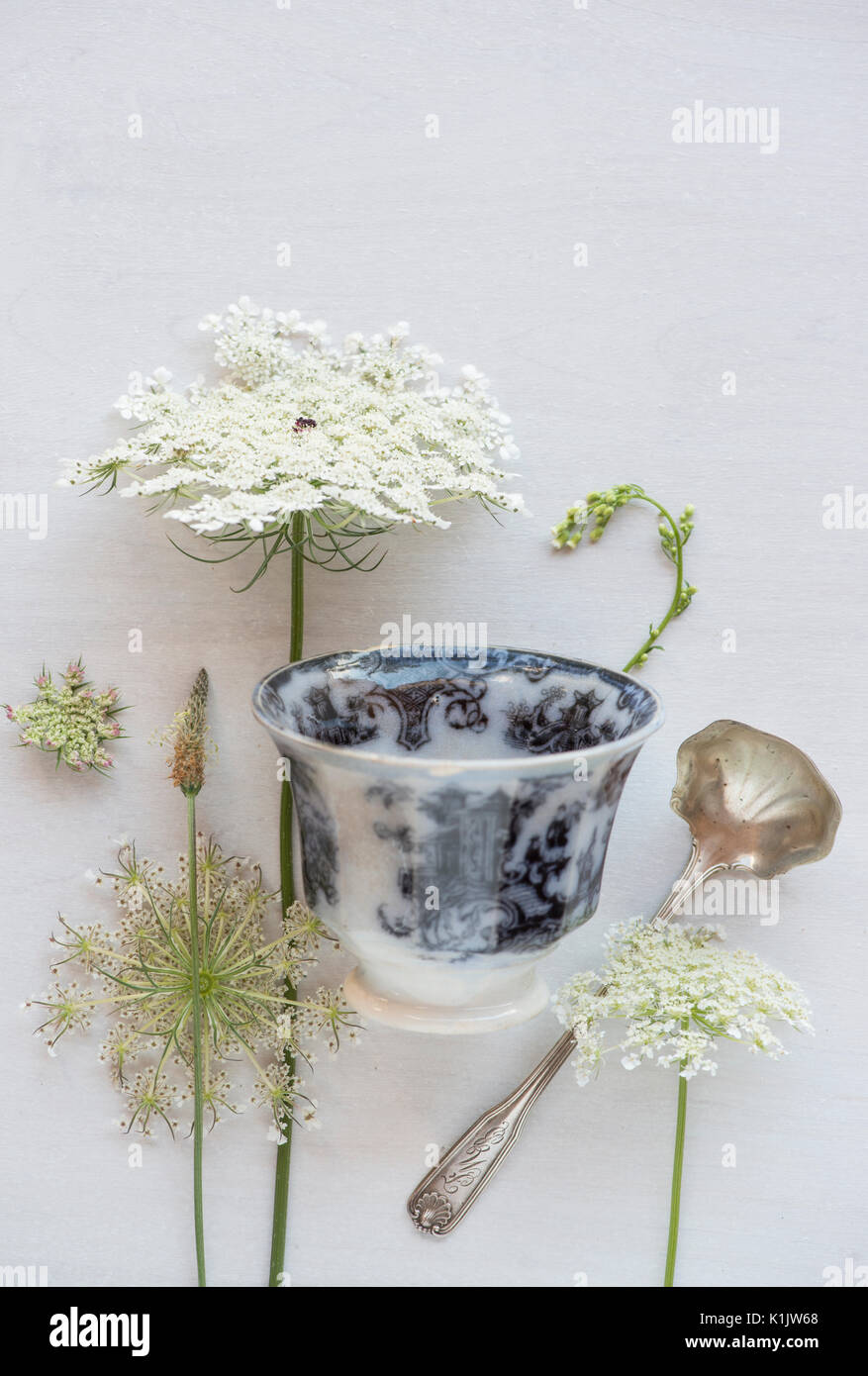 Wildflower array mit Tasse und Löffel Stockfoto