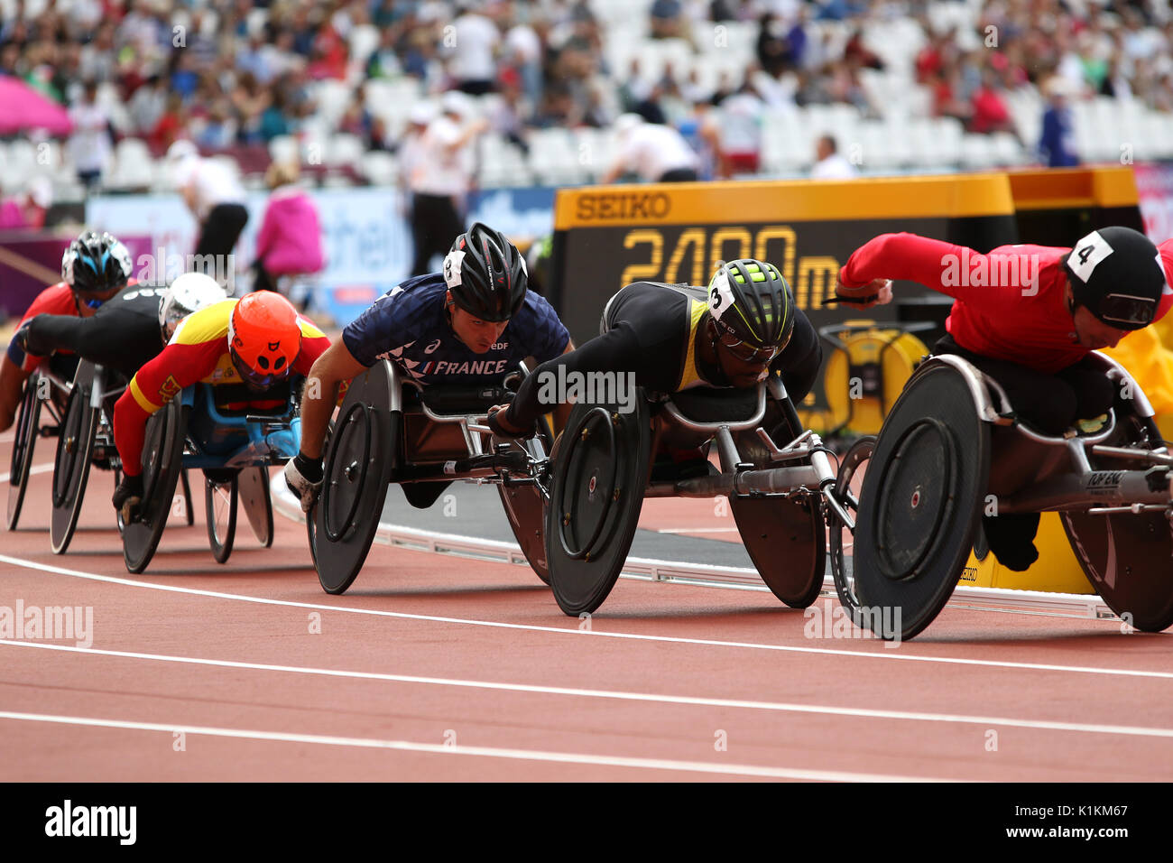 Julien CASOLI Frankreichs in der Männer 5000 m T54 Runde 1 heizt auf der Welt Para Meisterschaften in London 2017 Stockfoto
