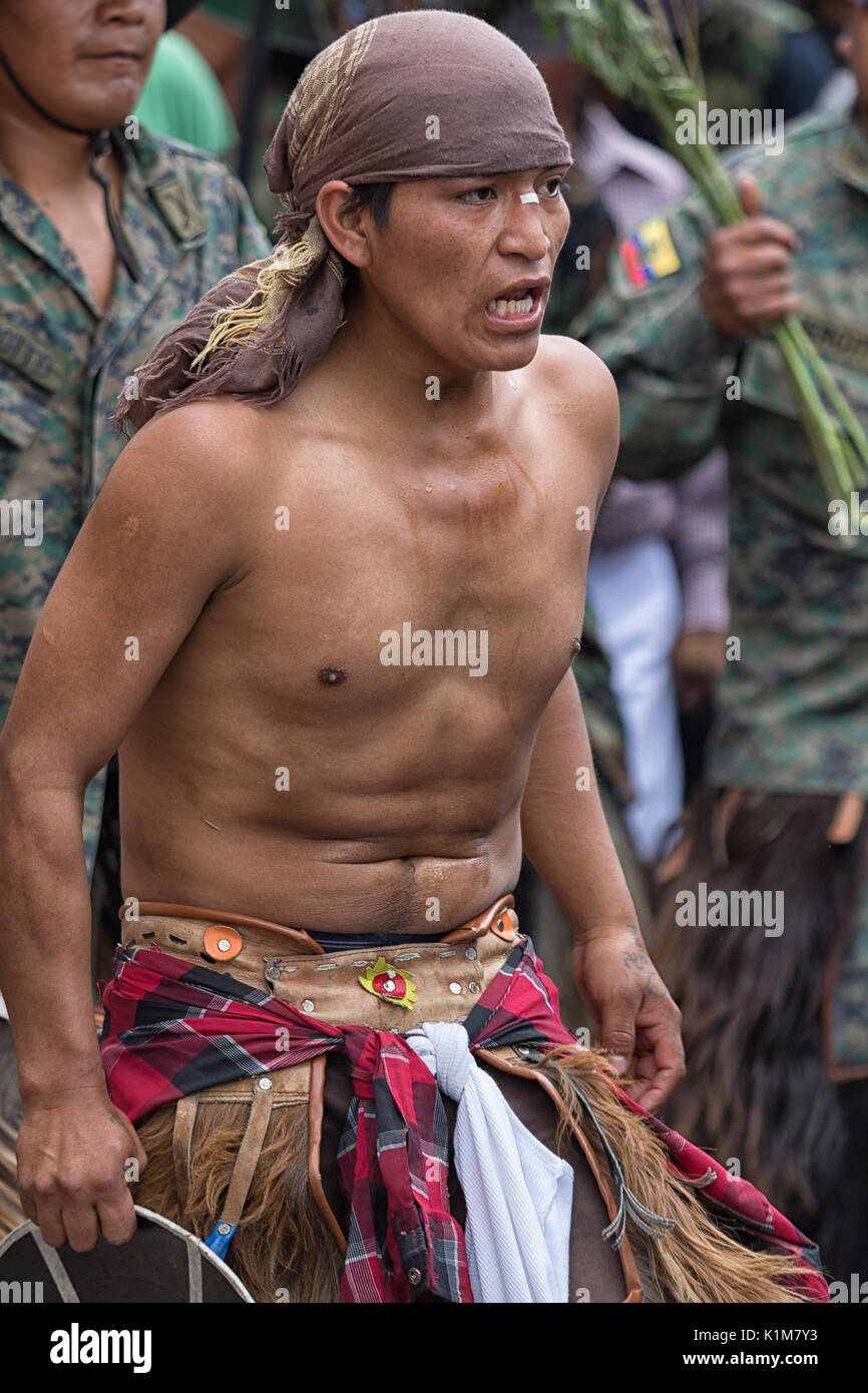 Quechua einheimische Mann am Inti Raymi Sommersonnenwende mens Fall Parade Stockfoto