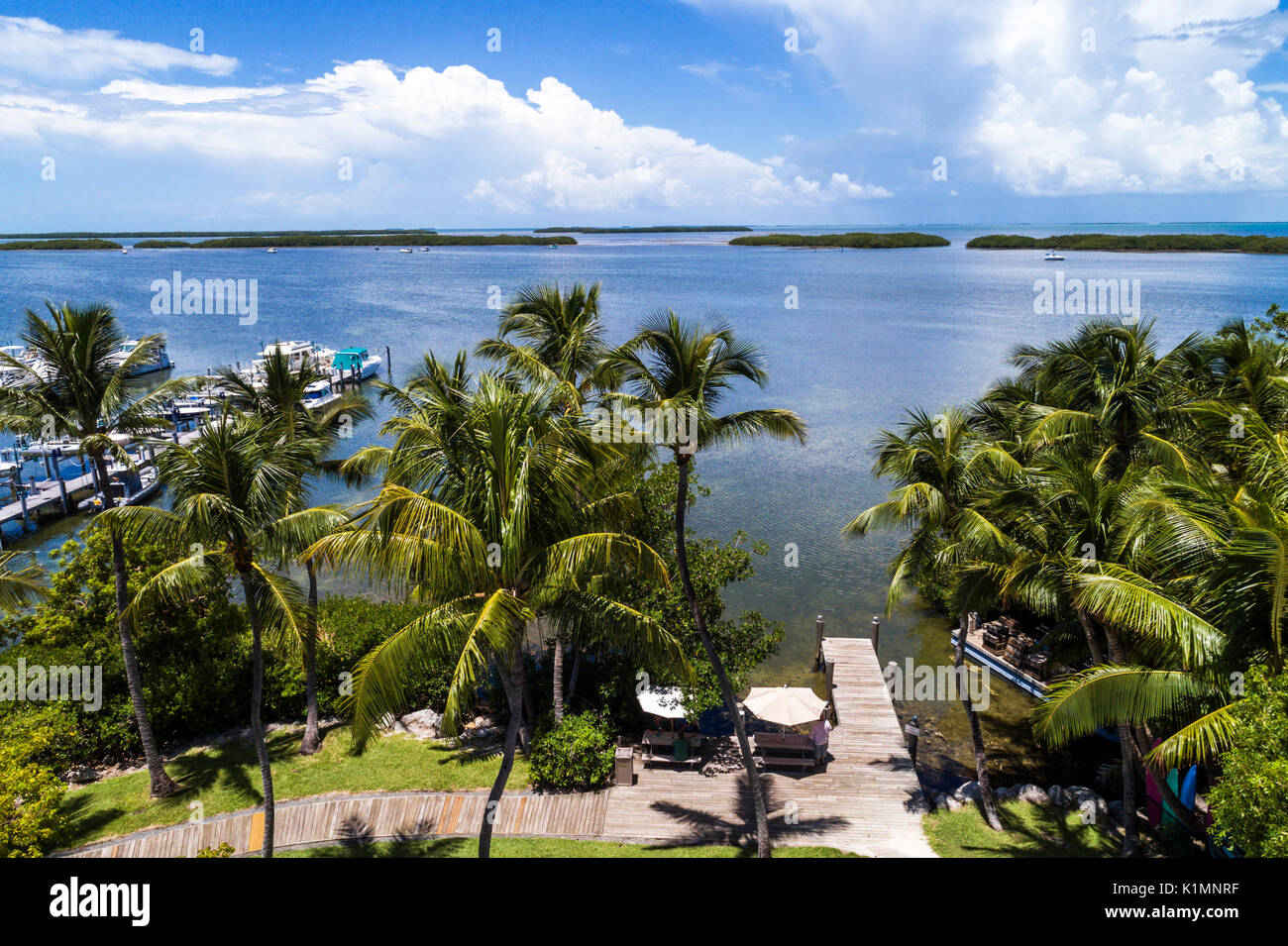 Florida, Florida Keys, Upper, Islamorada, Florida Bay Water, Little Basin, Shell Key, Luftaufnahme aus der Vogelperspektive oben, Besucher reisen zu Stockfoto