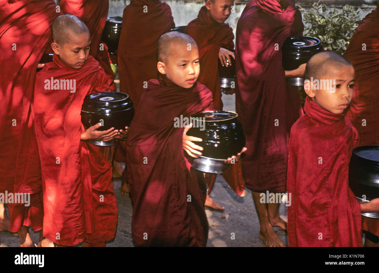Junge buddhistische Mönche in der Linie für Mittagessen, Mahagandhayon Kyaung (Kloster), Amarapura, Mandalay, Burma (Myanmar) Stockfoto