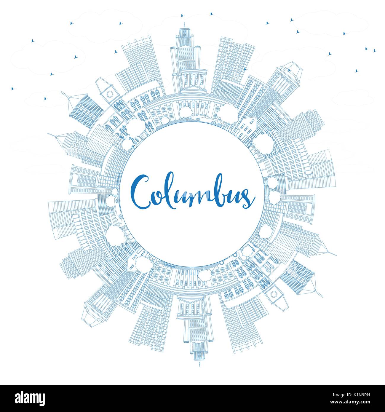 Umriss Columbus blau Gebäude mit textfreiraum Skyline. Vektor-Illustration. Geschäftsreisen und Tourismus-Konzept mit moderner Architektur. Stock Vektor