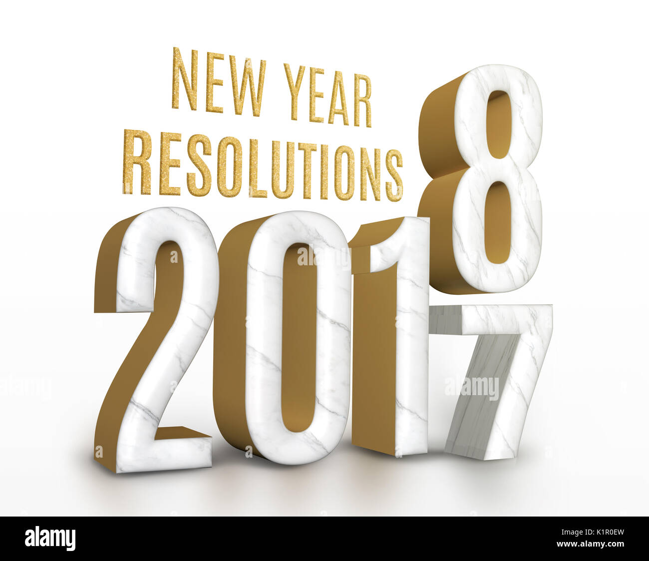Neues Jahr Auflösung 2017 Marmor und Gold Textur Anzahl ändern bis 2018 neues Jahr in Weiß Studio Zimmer, Neues Jahr Grußkarte Konzept, 3D-Rendering. Stockfoto