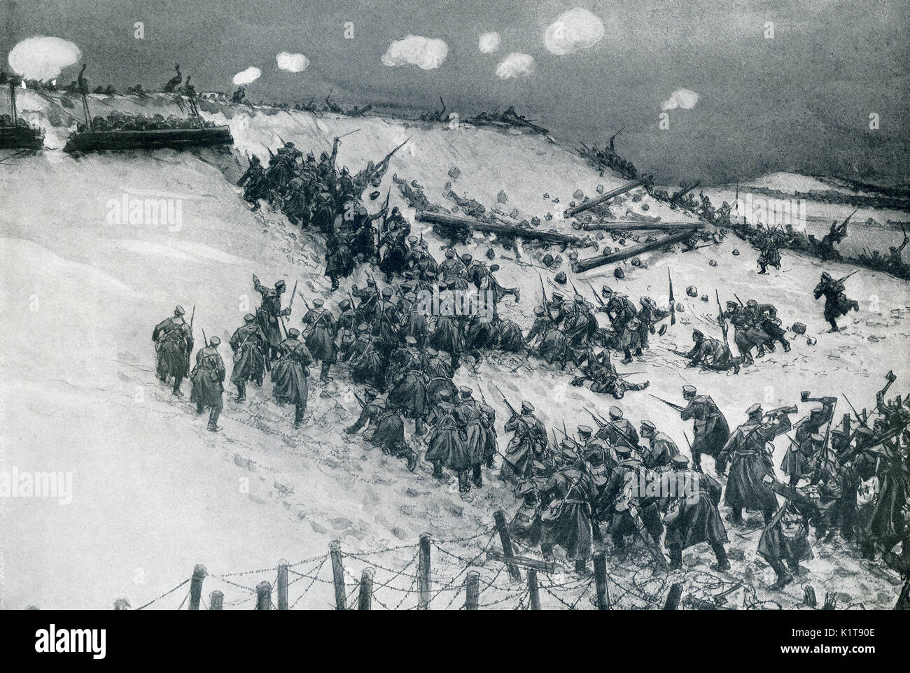 Diese Abbildung aus dem frühen Ersten Weltkrieg hat die Bildunterschrift: Russisches Regiment, das die Hochburg Josepowo stürmt. Die Angreifer trafen große Barrikaden von Baumstämmen und Felsen, so platziert, dass sie losgeschnitten werden konnte, um den Damm wie Lawinen hinunter zu rutschen. Hunderte von Männern wurden zerschlagen, aber das Regiment fegte an die Spitze und eroberte die Festung. Stockfoto