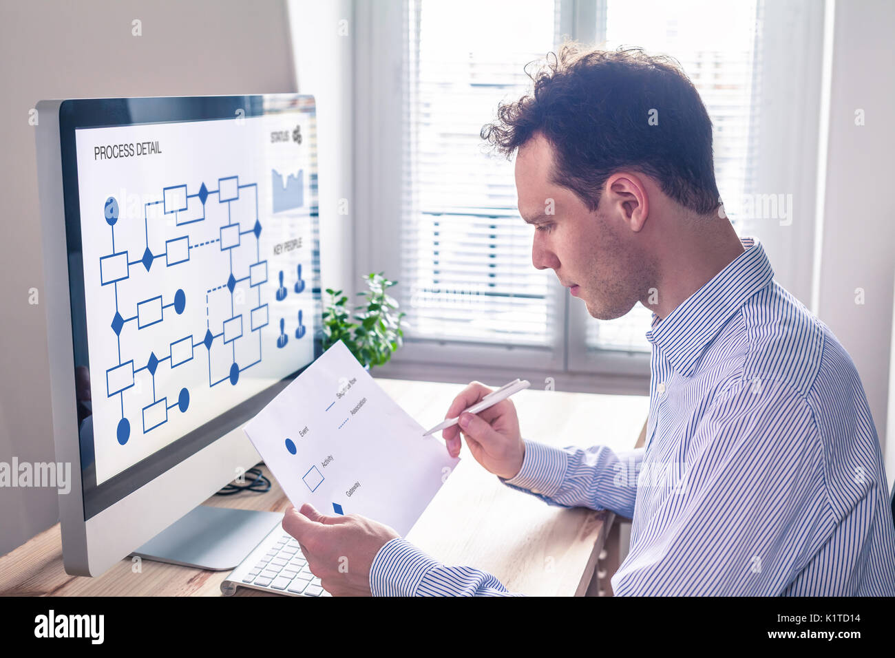 Kaufmann oder Ingenieur arbeiten an Business Process Automation oder Algorithmus mit Flussdiagramm auf Bildschirm Stockfoto