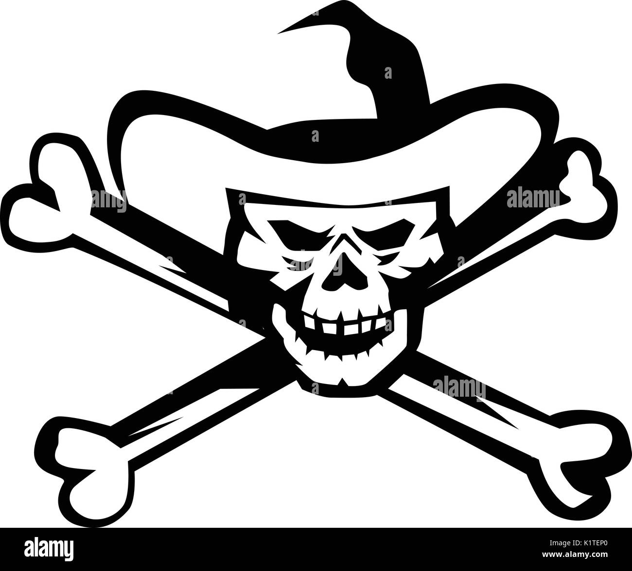 Abbildung: ein Cowboy Piraten Schädel und Knochen von vorne gesehen auf isolierten weißen Hintergrund im Retro Stil gemacht. Stock Vektor