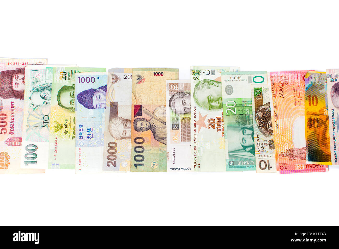 Verschiedenen Währungen Banknoten auf weißem Hintergrund Stockfoto