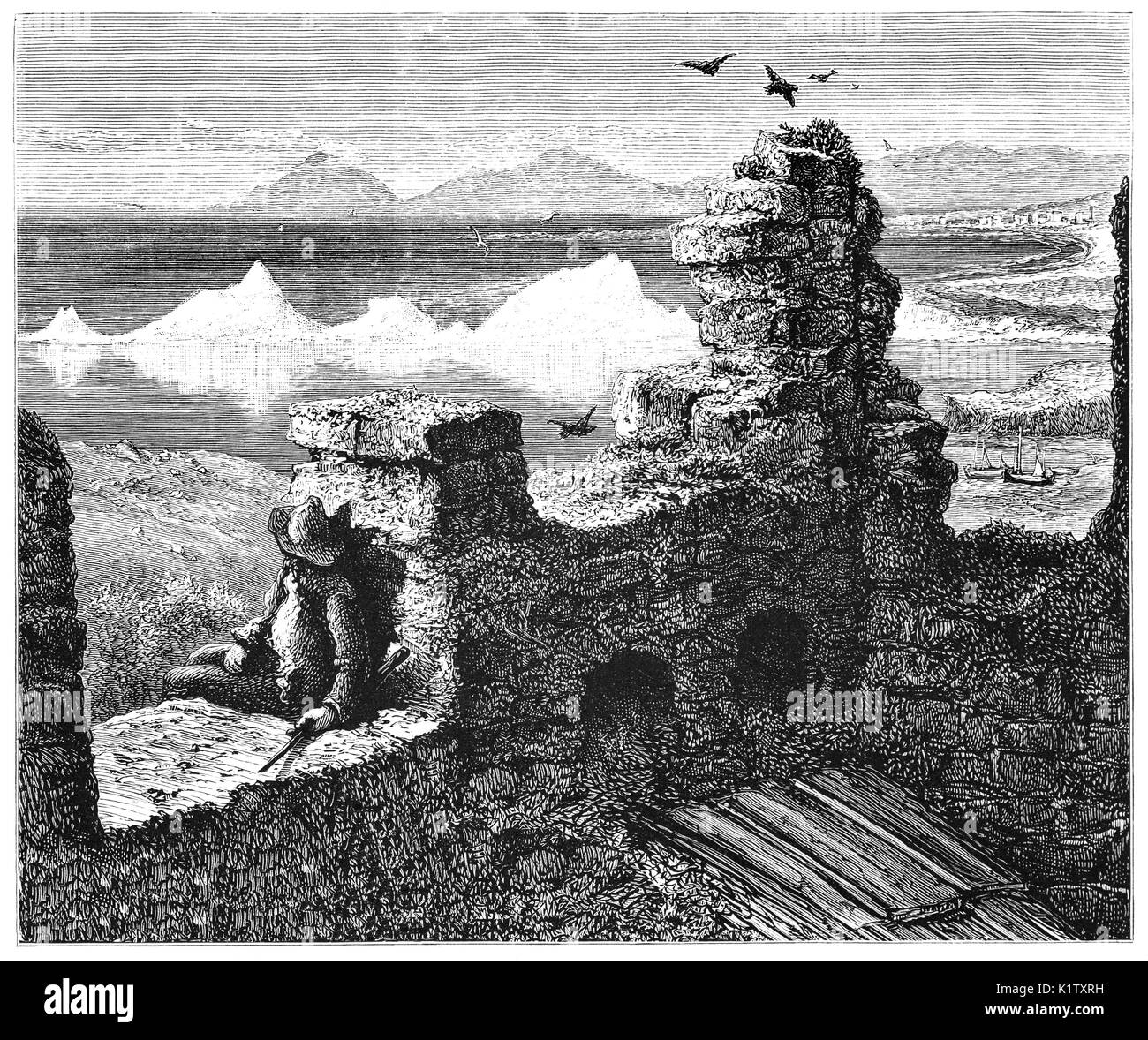 1870: Genießen Sie die Aussicht von den Ruinen von Moyne Abtei in den späten irischen gotischen Stil erbaut. Es wurde von der Burke Familie als Franziskanerklosters gegründet und im Jahre 1462 geweiht. Es ist nördlich von Ballina auf der Westseite von Killala Bay entfernt und wurde von Sir Richard Bingham, Elisabeth I. von England's Gouverneur von Connacht verbrannt, im Jahre 1590 in reformationist Eifer. County Mayo, Irland Stockfoto