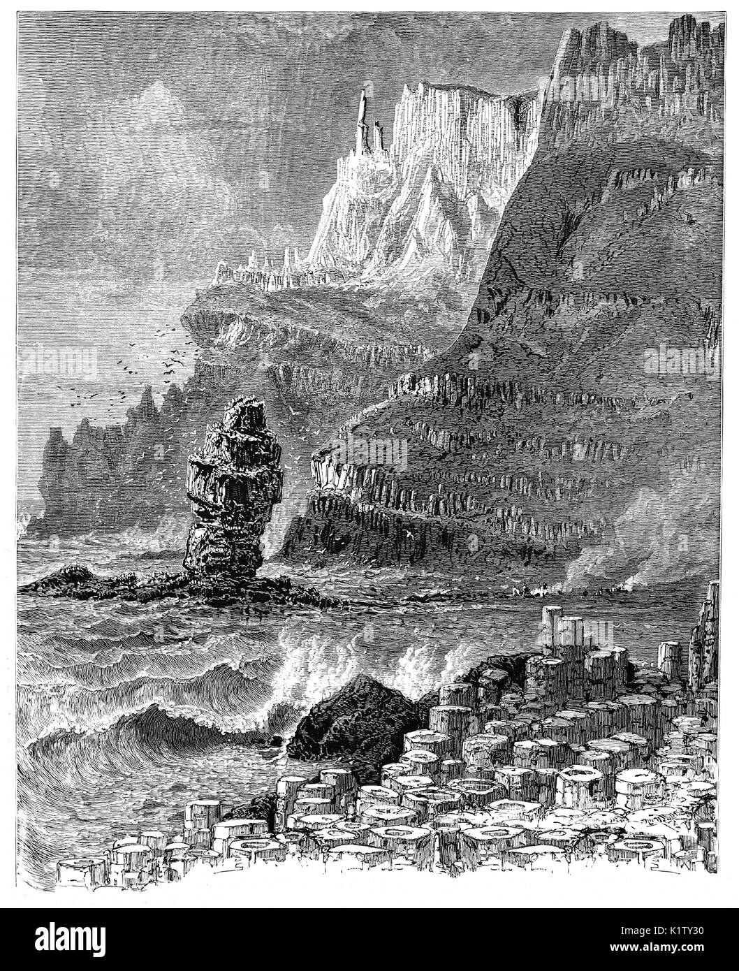 1870: 1870: Der Giant's Causeway, eine Fläche von etwa 40.000 Verriegelung Basaltsäulen, die Ergebnis einer alten vulkanischen Eruption. Es ist in der Nähe von Jamestown in der Grafschaft Antrim an der Nordküste von Nordirland. Es wurde von der UNESCO zum Weltkulturerbe erklärt und im Jahr 1986 einen nationalen Charakter das folgende Jahr buchen. Stockfoto