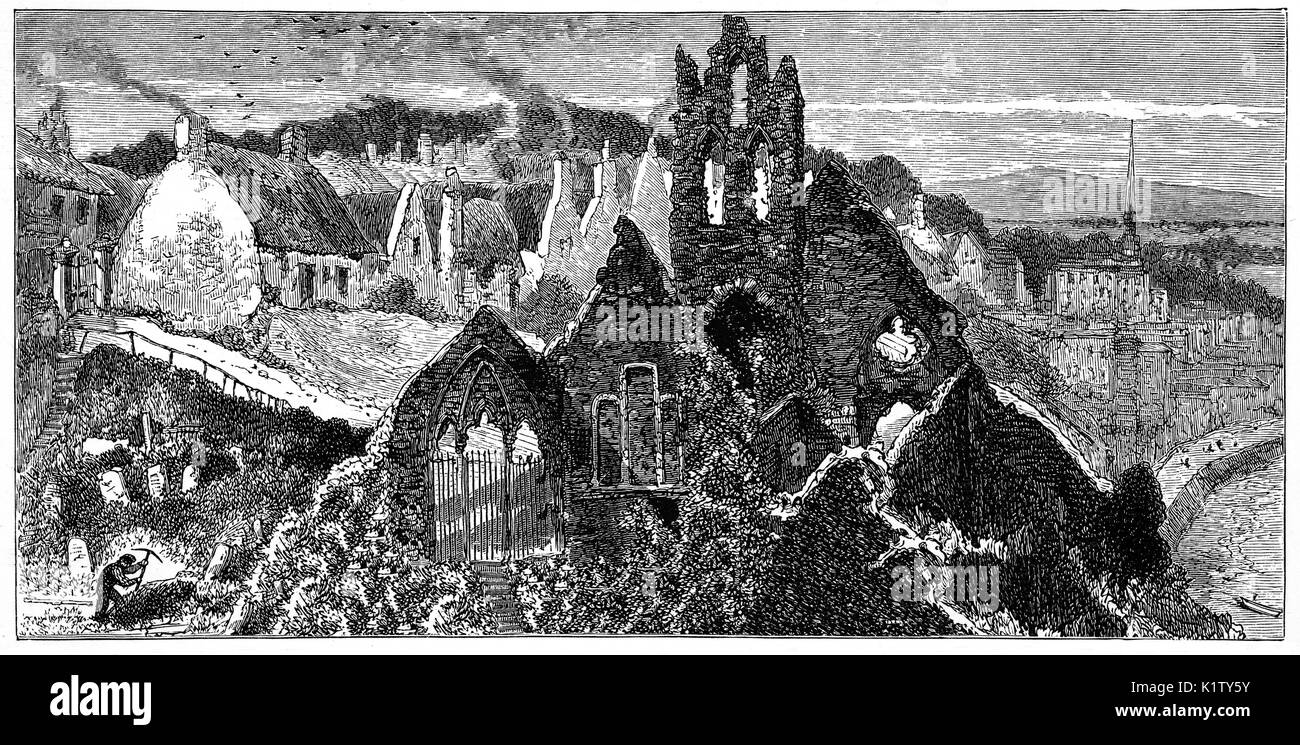 1870: Die Ruinen von St Mary's Abbey King Sitric, Viking, der König von Dublin, zweifellos erkannt, die herrliche Aussicht auf die Bucht von Howth aus dieser Lage, als er die frühesten Kirche hier in 1042 gegründet. Die Kirche wurde um 1235 durch eine Abtei ersetzt. Howth, County Dublin, Irland Stockfoto