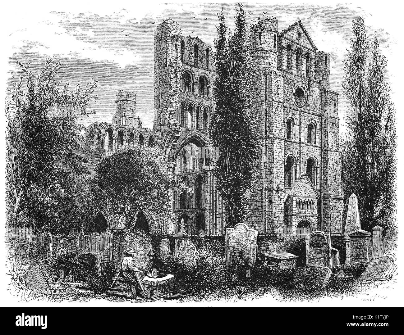 1870: Kelso Abbey ist ein ruiniertes Schottischen Abtei in Kelso, Schottland. Es wurde im 12. Jahrhundert durch eine Gemeinschaft von Tironensian Mönche gegründet erste nach Schottland in der Herrschaft von Alexander I. brachte es mit Blick auf den Zusammenfluss von Tweed und Teviot Gewässer und wurde Sitz einer pre-eminent starken Gebietsabtei im Herzen der schottischen Grenze. Roxburghshire, Schottland Stockfoto
